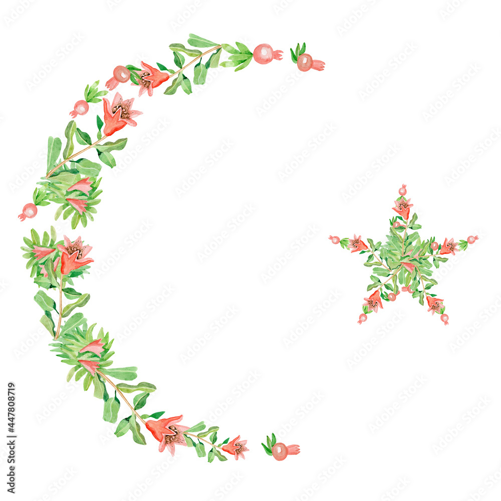 Muslim crescent with a star of flowers and berries of the pomegranate tree Muslim crescent with a star of flowers and berries of the pomegranate tree