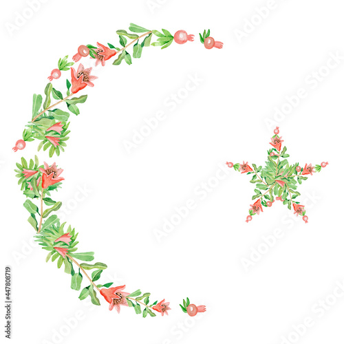 Muslim crescent with a star of flowers and berries of the pomegranate tree