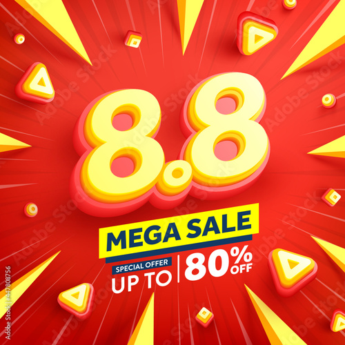 Vector of 8.8 Shopping day Poster or banner with 8 on red background.8 August sales banner template design for social media and website.Special Offer Sale 80% Off campaign or promotion.