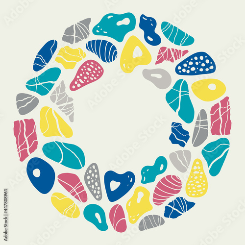 Abstract illustration of summer time concept. Flat vector illustration. Round wreath with marine objects. Underwater set of silhouettes. Sea stones