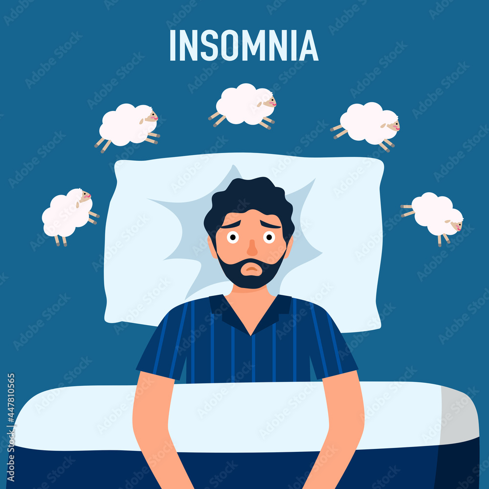 Sleepless man suffering from insomnia and counting sheep. Guy with open