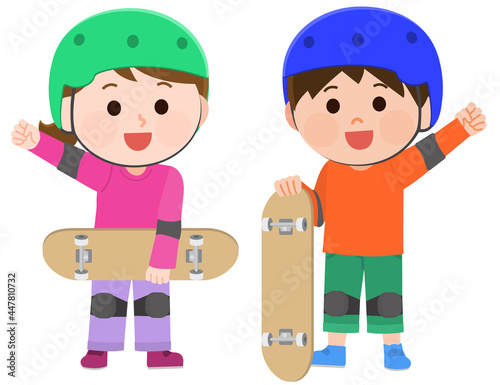スケートボードを楽しむ子供　男の子と女の子1　イラスト