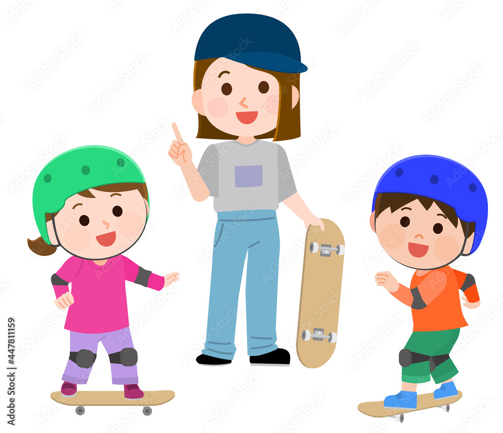 スケートボード教室で女性の先生に教わる子供たち イラスト スケートボード教室で女性の先生に教わる子供たち イラスト