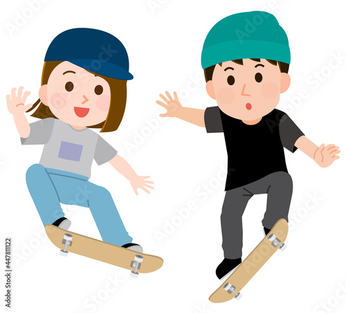スケートボードでトリックをきめる男性と女性　イラスト