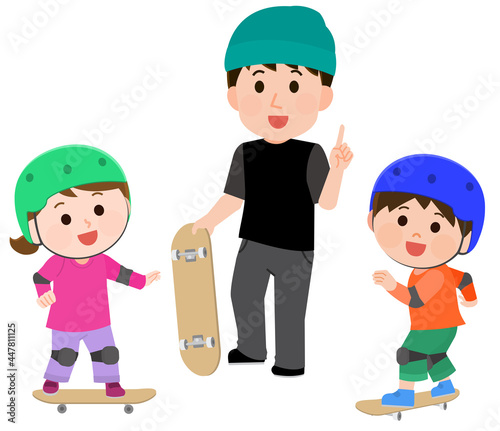 スケートボード教室で男性の先生に教わる子供たち イラスト