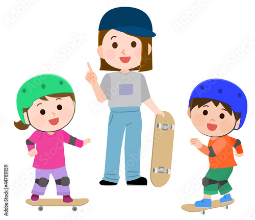 スケートボード教室で女性の先生に教わる子供たち イラスト