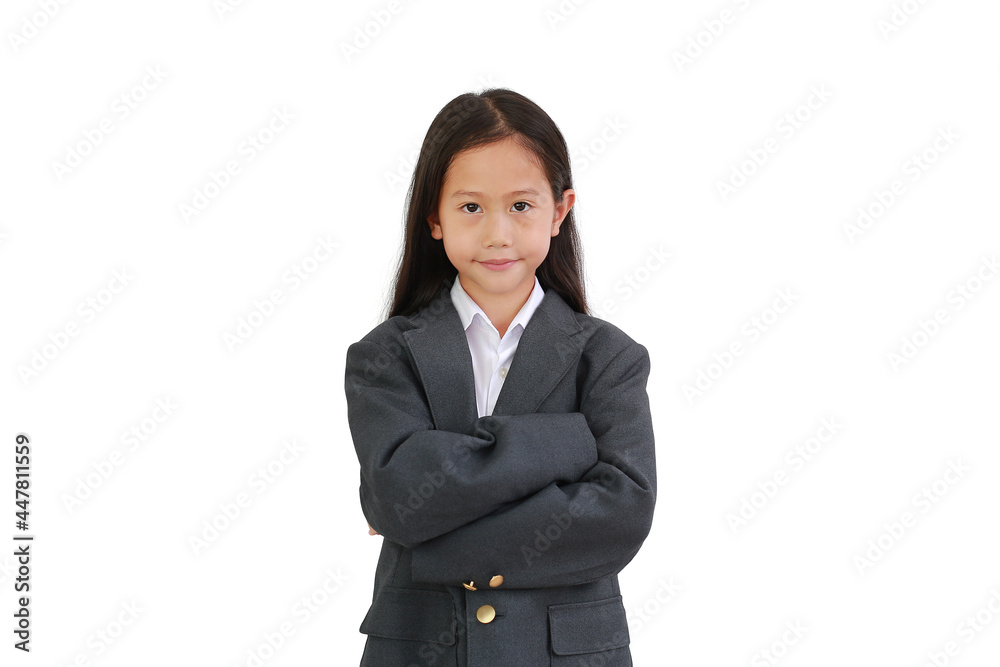 Asian little girl child wear formalwear shirt, business suit wearing and keep arms crossed posing and looking at camera isolated over white background Asian little girl child wear formalwear shirt, business suit wearing and keep arms crossed posing and looking at camera isolated over white background