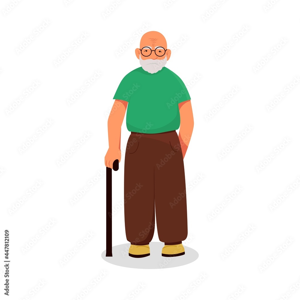 Old man with glasses and with a stick in his hand, vector character in cartoon style. Flat design.