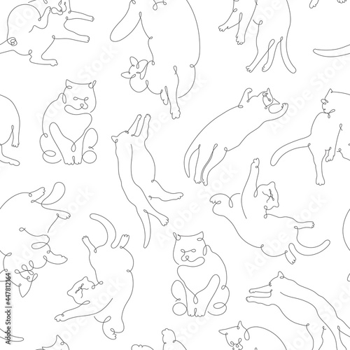 Seamless pattern with cats in different poses. Trendy one line style. Hand drawn vector illustration. Paper, textile design. Funny, adorable, cheerful animals. 