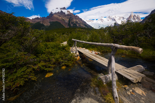 Brook in Andes mountains from melting of glaciers with bridge. Patagonia, Argentina, Andes