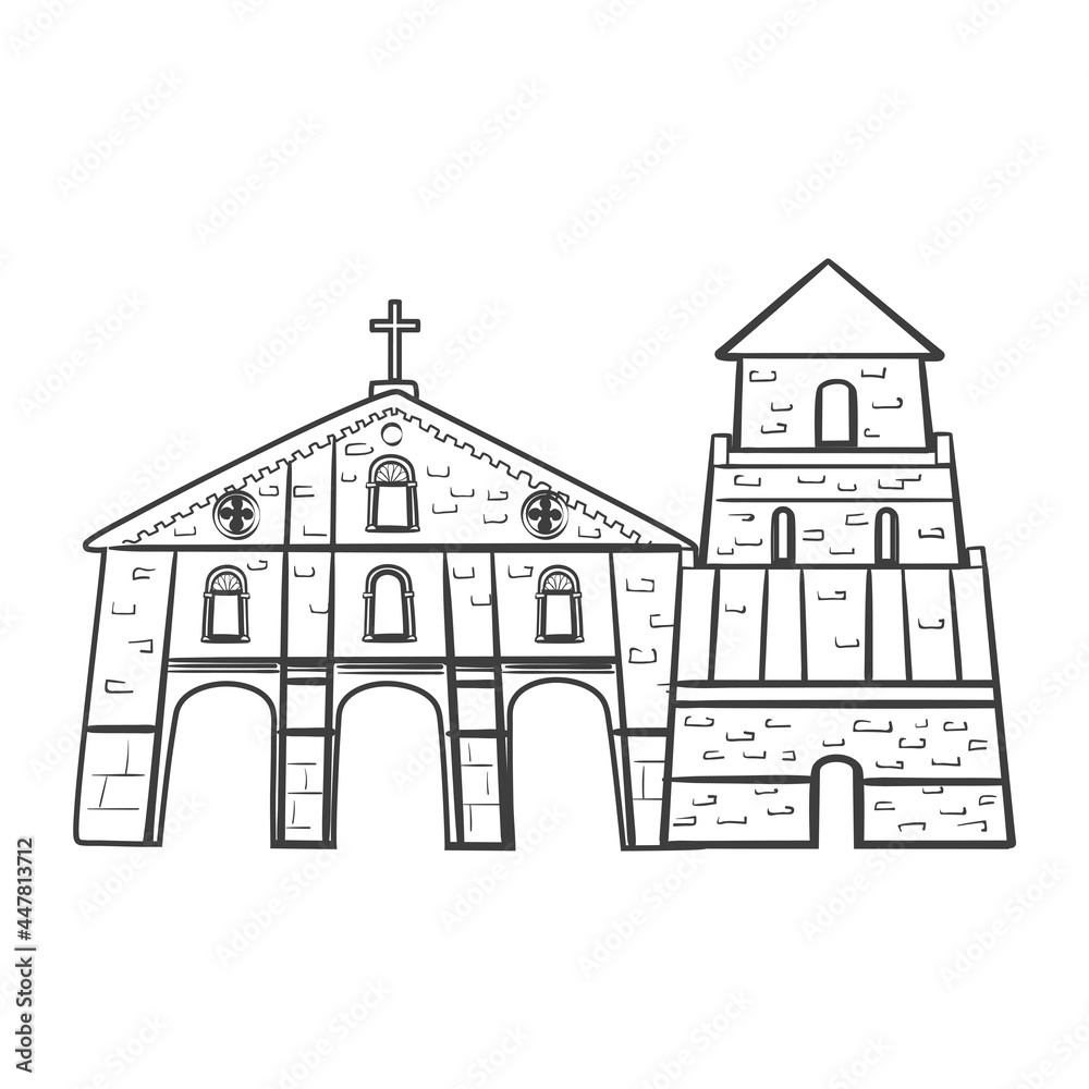 Old catholic church isolated on white background. Line art style. Vector illustration. Coloring book. Christianity, religion. Tower, castle, fortress. Philippines, Bohol island. Architecture. 