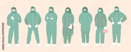 People, man and woman. Doctors in medical suit . Disease control. Vector illustration. Poster, print, card design. Clinic, hospetal personal. Fight with pandemic.  