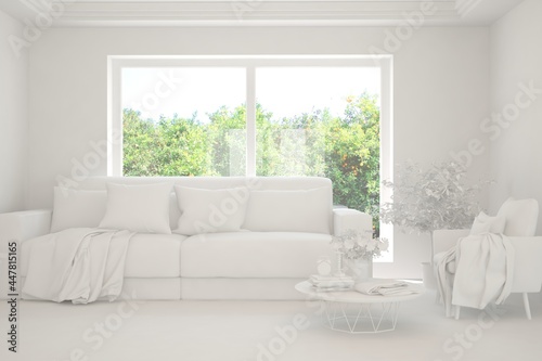 Mock up of stylish room in white color with sofa and green landscape in window. Scandinavian interior design. 3D illustration