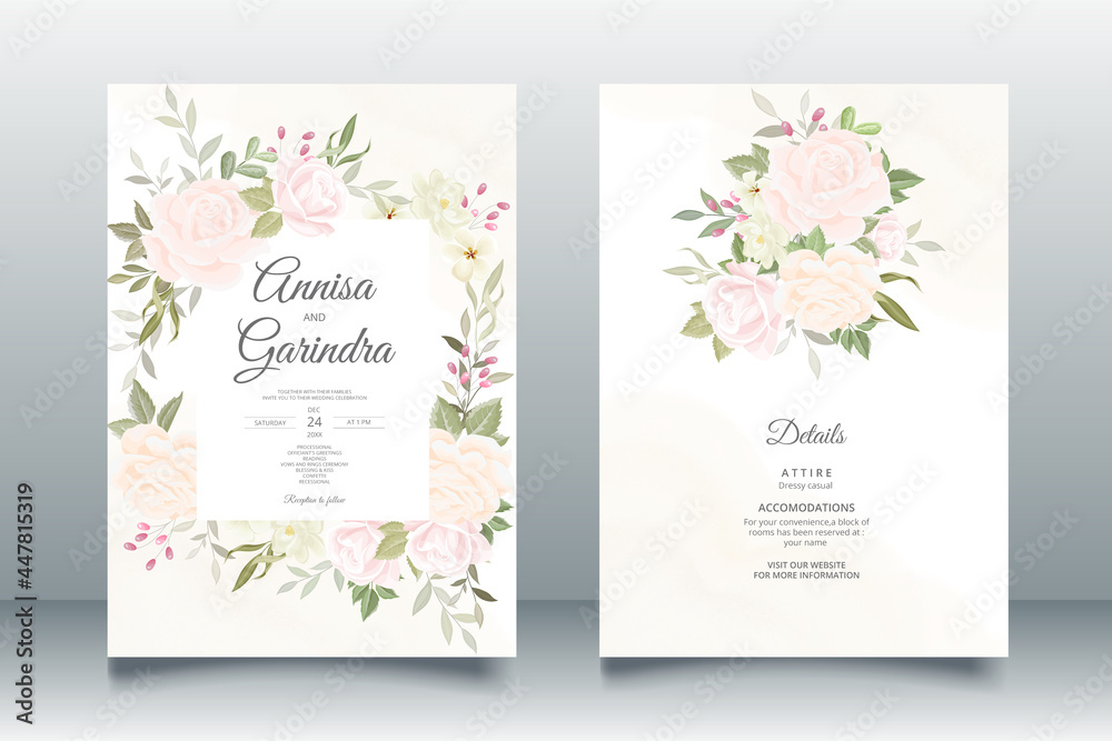   Wedding invitation card template set with beautiful  floral leaves Premium Vector