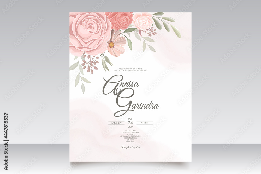   Wedding invitation card template set with beautiful  floral leaves Premium Vector
