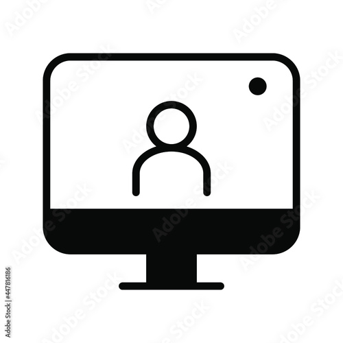 customisable real line icon of a desktop computer with a live broadcast on a social streaming channel with a symbol of a person having a video call or online conference meeting color editable