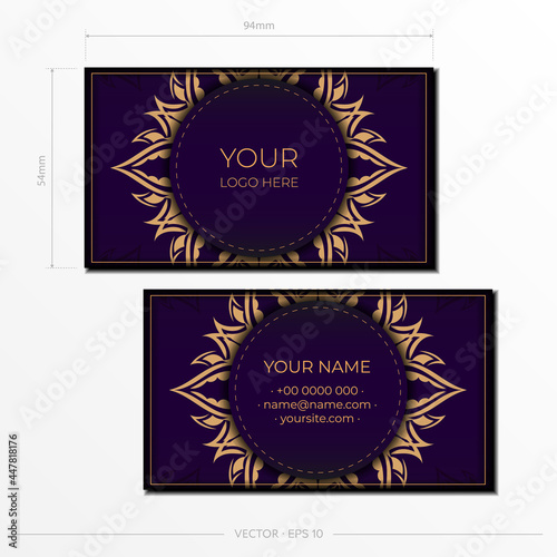 Purple luxury business cards template with decorative ornaments business cards, oriental pattern, illustration.