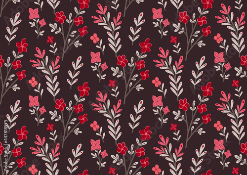Seamless pattern with small pink flowers and branches on dark background. Natural texture with sakura branches. Vector floral wallpaper. Delicate fabric with hand drawn cartoon agrostemma photo