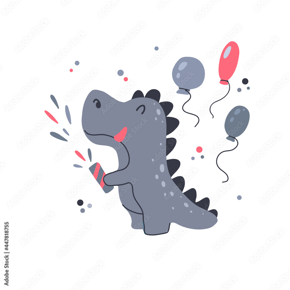 Obraz premium Happy little dinosaur blowing up clapperboard with balloons for birthday. Festive party. Vector childrens card with cartoon joyful dino on white background. Trendy flat hand drawn postcard