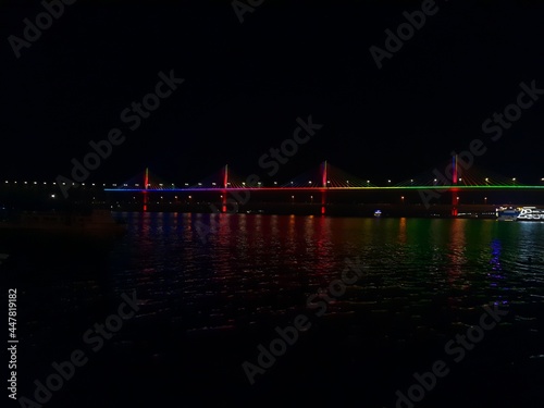 bridge at night, Panjim bridge over the Mandovi river, Atal setu in goa, panjim  bridge panoramic view. photo