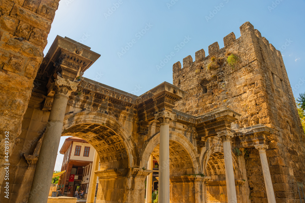 ANTALYA, TURKEY: Adrian Gate. Antique ancient construction of marble and limestone.