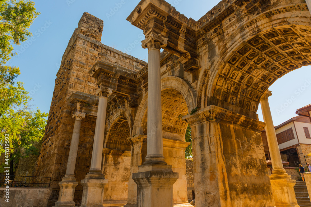 ANTALYA, TURKEY: Adrian Gate. Antique ancient construction of marble and limestone.