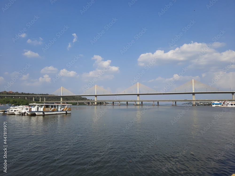 Panjim bridge over the Mandovi river, Atal setu in goa, panjim  bridge panoramic view. - obrazy, fototapety, plakaty 