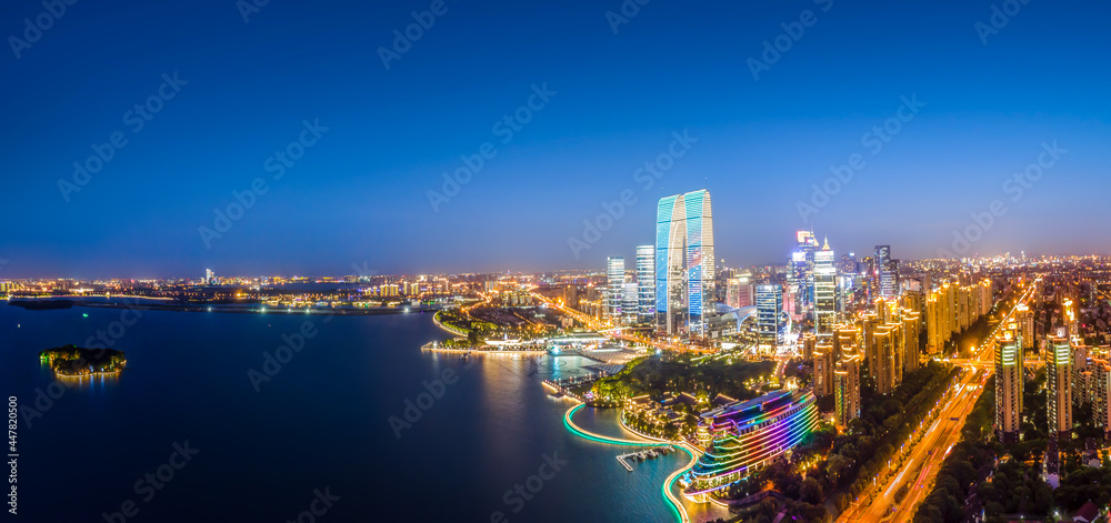 Fototapeta premium Aerial photography of the night view of Suzhou Financial Center