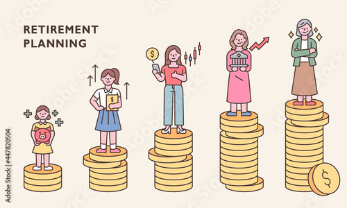 Characters by age are standing on top of stacked coins. outline simple vector illustration.