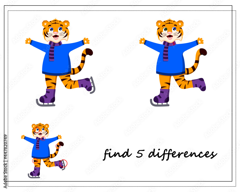 a game for children find the differences, winter, a tiger on skates, a symbol of the year. vector a game for children find the differences, winter, a tiger on skates, a symbol of the year. vector