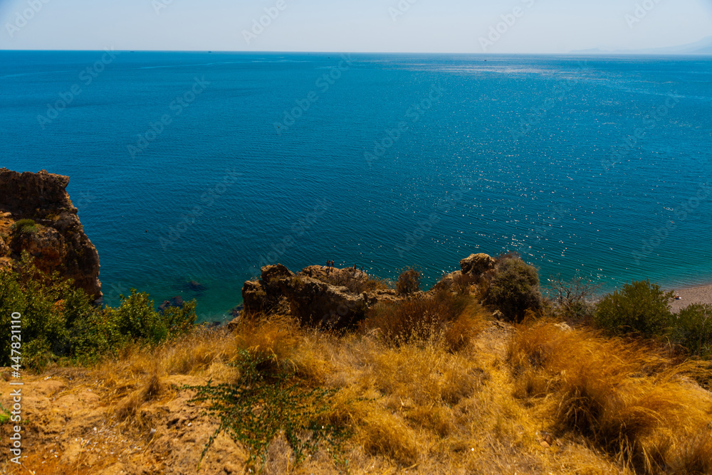 ANTALYA, TURKEY: Beautiful landscape from the cliff to the Mediterranean Sea in Antalya. ANTALYA, TURKEY: Beautiful landscape from the cliff to the Mediterranean Sea in Antalya.