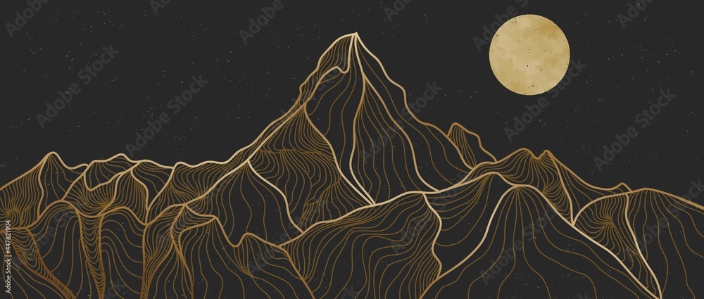 Golden mountain line art, Abstract mountain contemporary aesthetic backgrounds landscapes. use for print art, cover, invitation background, fabric. Vector illustration - obrazy, fototapety, plakaty 