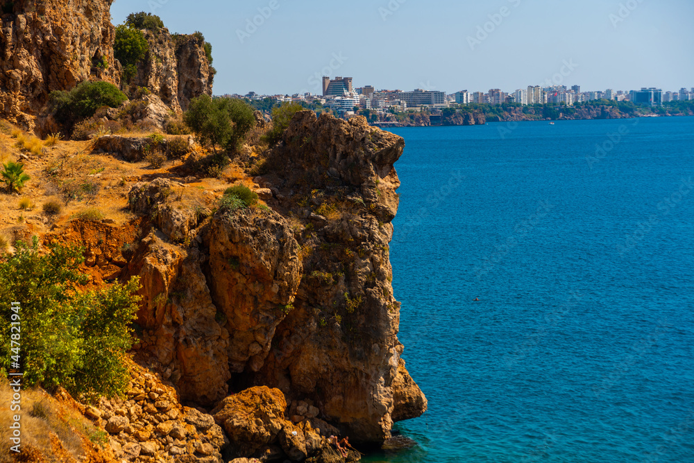 ANTALYA, TURKEY: Top view from the cliff on the city of Antalya and the Mediterranean Sea.