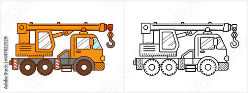 Crane truck coloring page. Crane truck side view