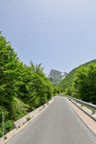 Passstraße im Nationalpark Theth in Albanien bei blauem Himmel und grünen Bäumen photo