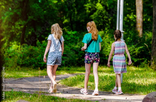 Three girls walk in the summer Park
