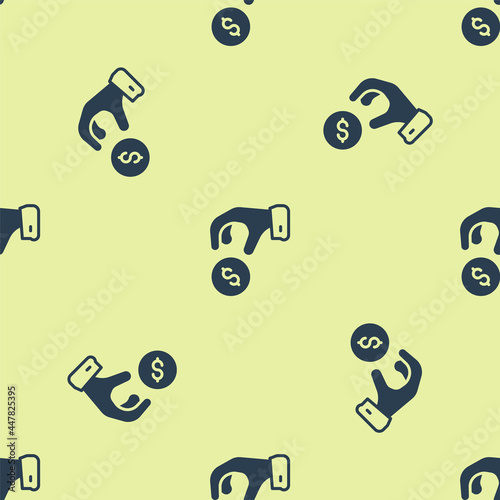 Blue Donate or pay your zakat as muslim obligatory icon isolated seamless pattern on yellow background. Muslim charity or alms in ramadan kareem before eid al-fir. Vector