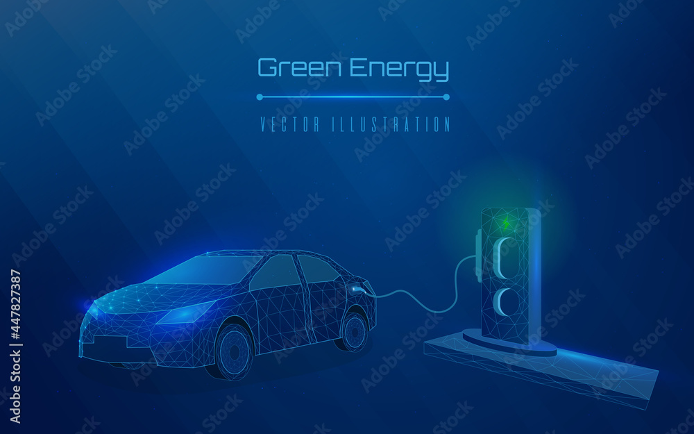 Charging Electric Car Battery at Electric Recharge Station. Modern Hybrid Auto. New Alternative Energy Vehicle. Futuristic Transport, Green Energy. dark-blue background, plexus. wireframe. triangle - obrazy, fototapety, plakaty 