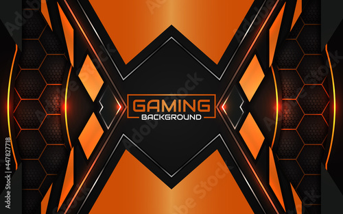 Abstract futuristic geometric black and orange gaming background with modern esport shapes. Vector design template technology concept can use element game banner, sport poster, cyber wallpaper, web