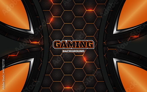 Abstract futuristic geometric black and orange gaming background with modern esport shapes. Vector design template technology concept can use element game banner, sport poster, cyber wallpaper, web