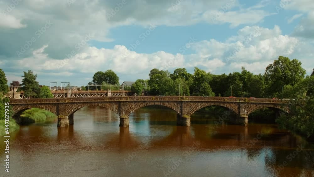 Tracking view of the River Forth and Stirling Bridge in the city of Stirling, Scotland, UK, the Gateway to the Highlands Tracking view of the River Forth and Stirling Bridge in the city of Stirling, Scotland, UK, the Gateway to the Highlands