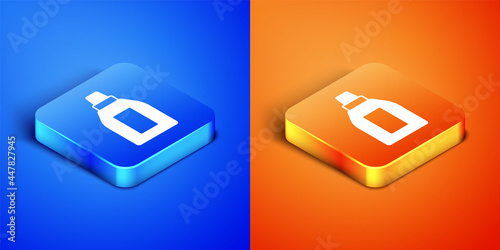 Isometric Plastic bottle for laundry detergent, bleach, dishwashing liquid or another cleaning agent icon isolated on blue and orange background. Square button. Vector