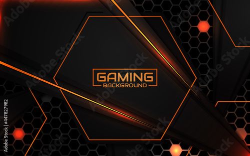 Abstract futuristic geometric black and orange gaming background with modern esport shapes. Vector design template technology concept can use element game banner, sport poster, cyber wallpaper, web