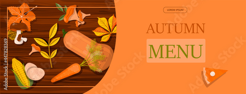Bright vector autumn sales banner. Advertising, shopping discount promotion. Flat design illustration.Template backgrounds with pupmkin pie, hot spiced tea and colorful seasonal fall leaves