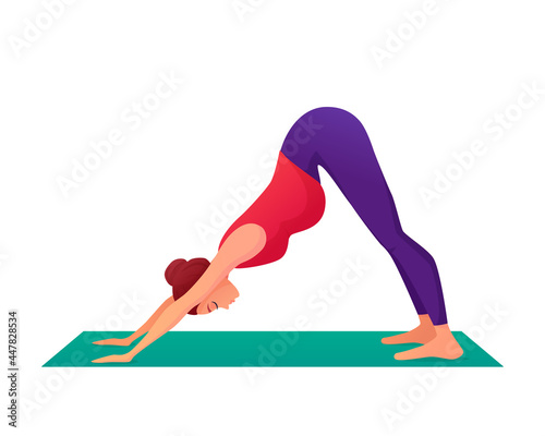 Pregnant girl in a downward facing dog yoga pose. People in cartoon style vector. Isolated on white background. Sport and health 
