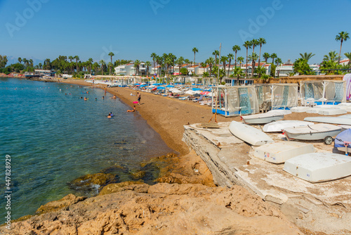 Fototapeta Naklejka Na Ścianę i Meble -  ANTALYA, TURKEY: Beautiful landscape on Martili Sitesi beach on the Mediterranean coast in Antalya.