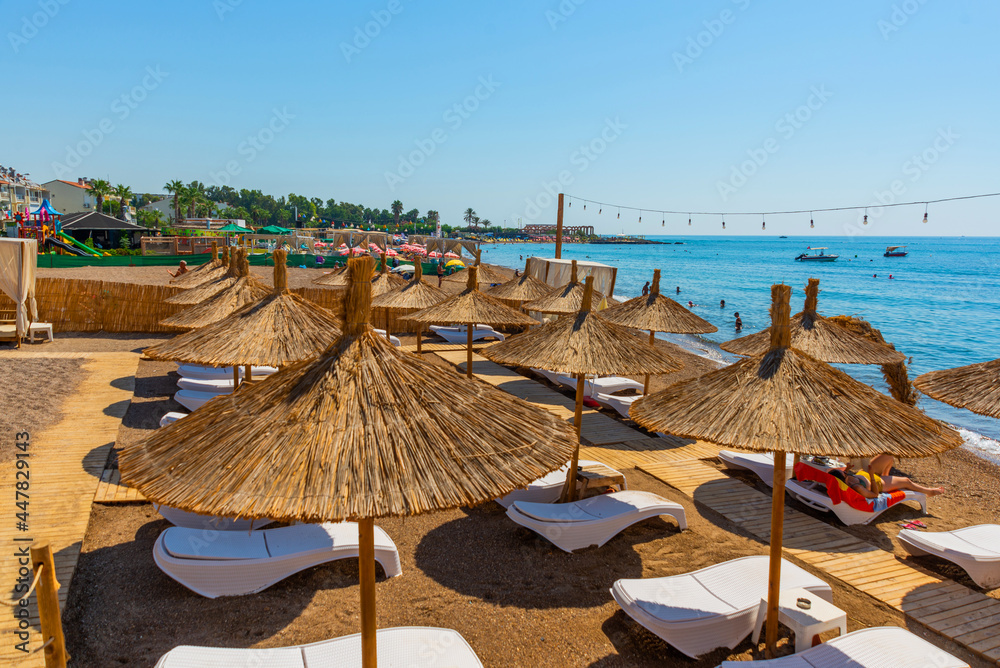 Naklejka premium ANTALYA, TURKEY: Landscape on Lara beach on the Mediterranean coast in Antalya.