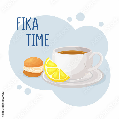 Cup of coffee or tea and semla swedish whipped cream bun. Coffee break fika concept. Isolated hand drawn vector 