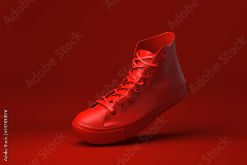 Red shoe floating in red background. minimal concept idea creative. 3D render.