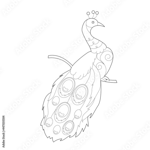 Contour linear illustration for coloring book with paradise bird. Beautiful tropical exotic bird,  anti stress picture. Line art design for adult or kids  in zentangle style and coloring page.